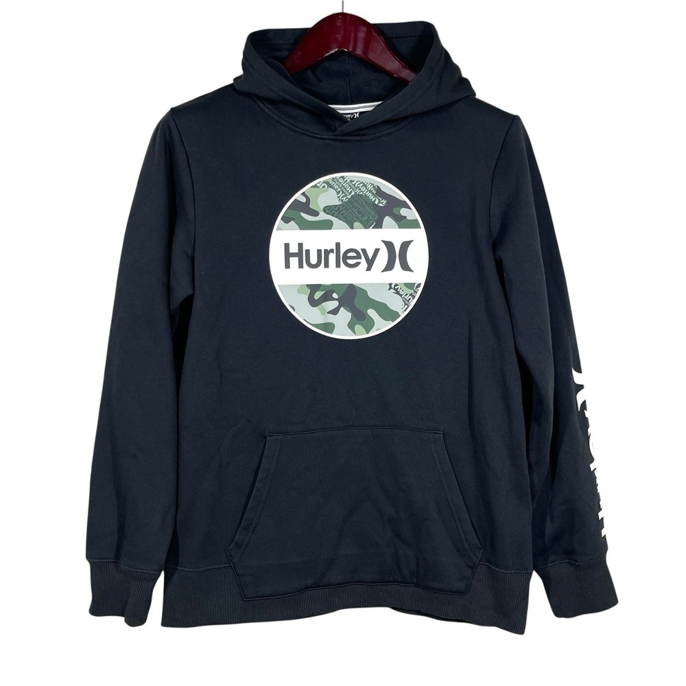 Hurley Camo Graphic Print Hoodie Youth XL Black Kangaroo Pocket Skate Surf